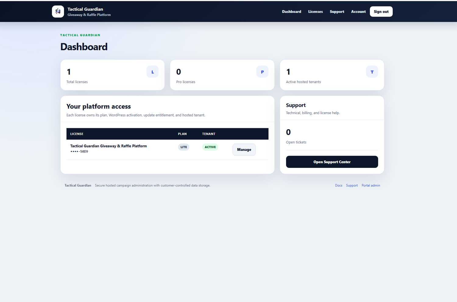 Tactical Guardian customer portal dashboard